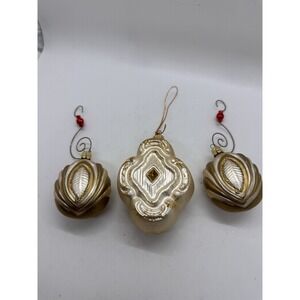 Set 3 Glass Christmas Ornaments‎ Gold Pearl Glitter Hand Painted Holiday Decor